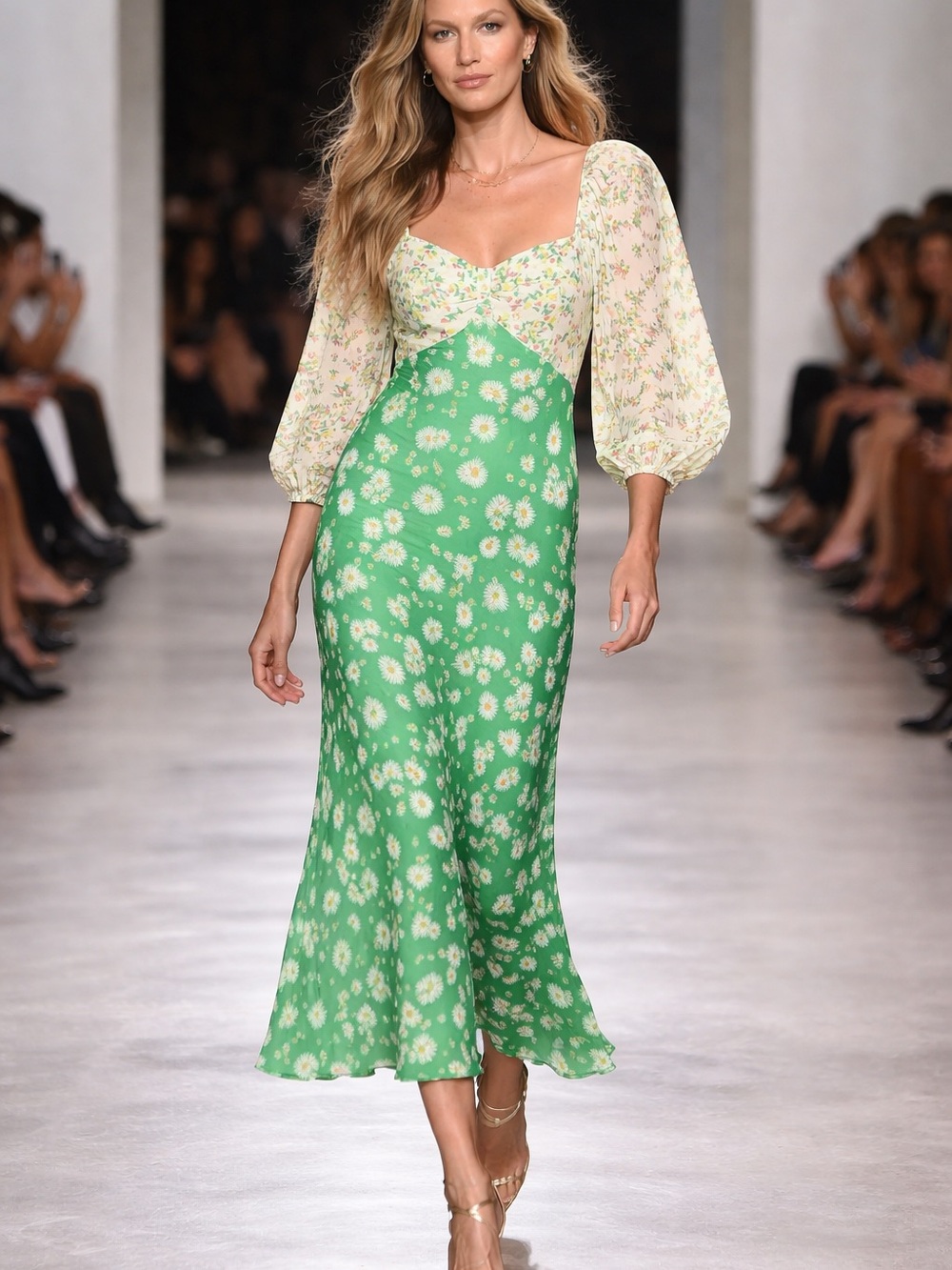 RIXO | Green & Cream Floral Puff-Sleeve Midi Dress